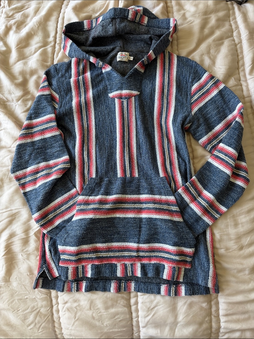 Faherty Navy Hooded Pullover with Red & White Stripes